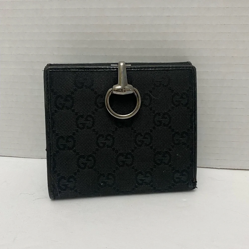 Gucci Black GG Monogram Wallet with Silver Horsebit Ring Clasp